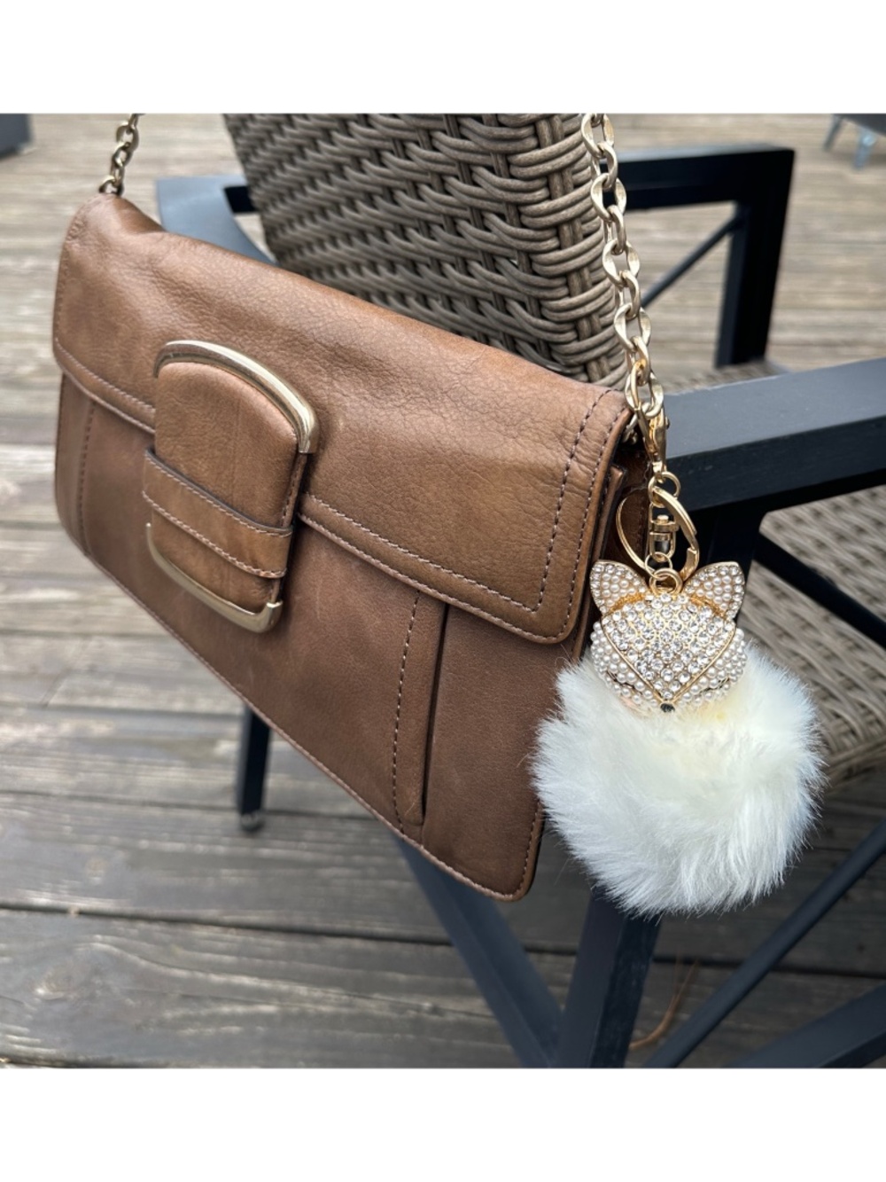 White Faux Fur Pom Pom Fox Handbag Charm Key Chain 5.5” Jewelry Accessory